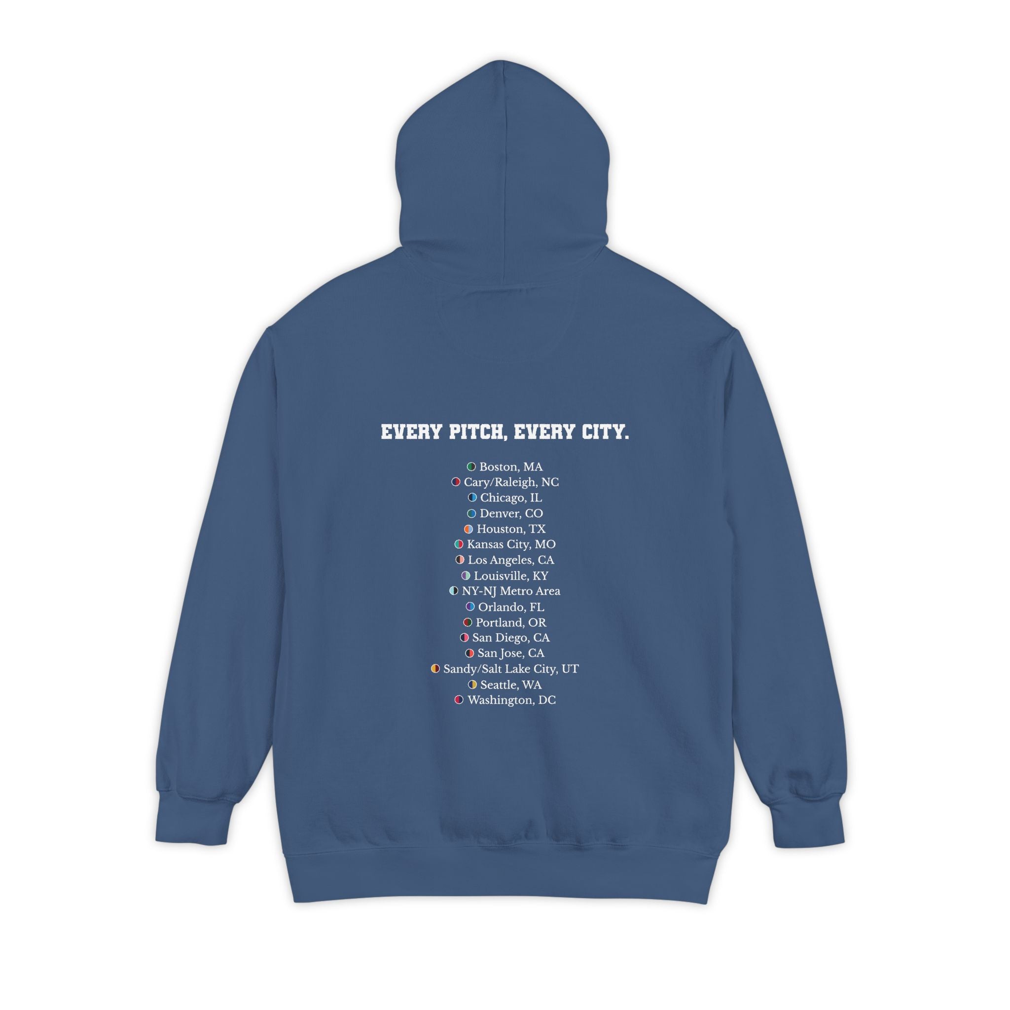 True Navy hoodie with chest logo on the front and list of cities on the back