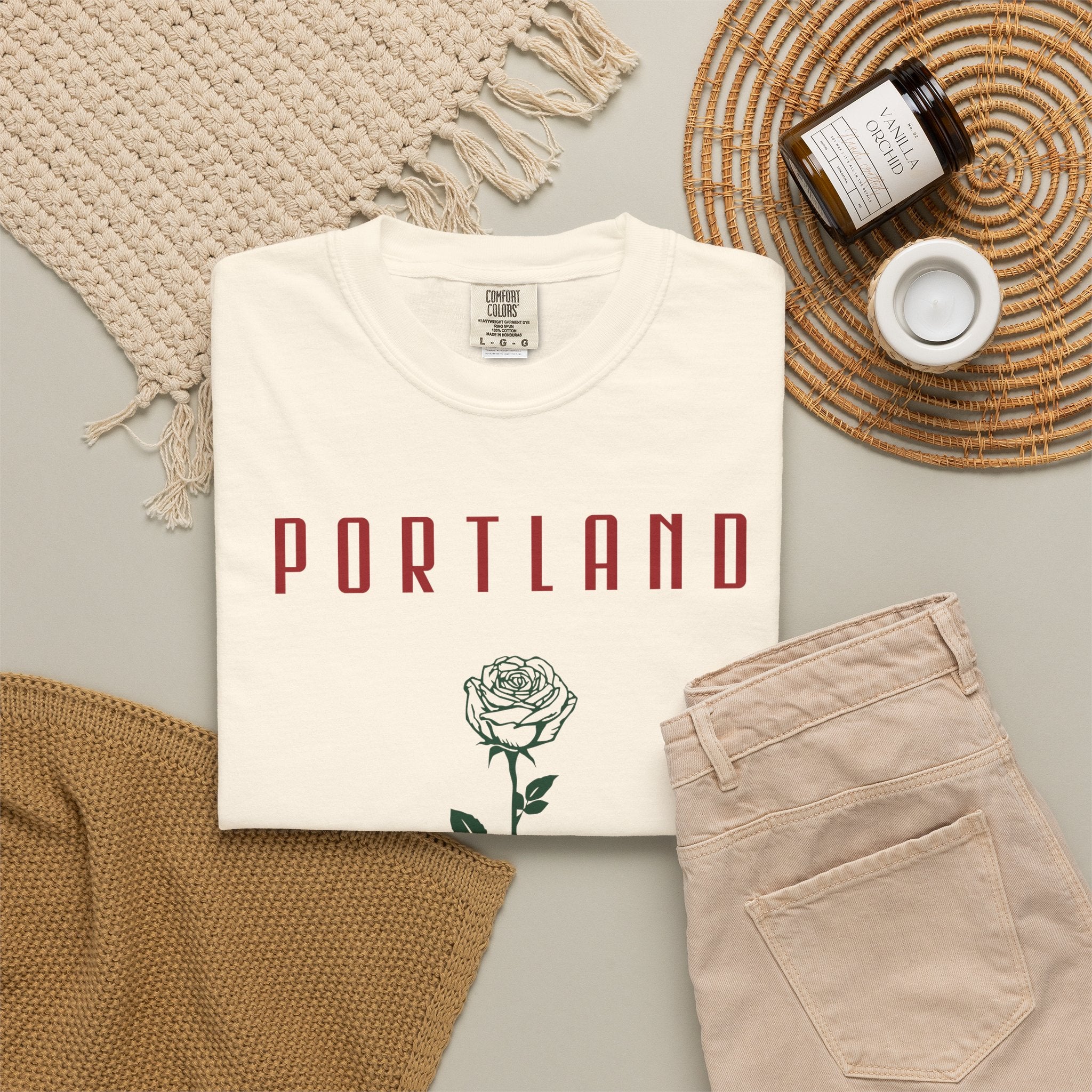 Ivory short-sleeve t-shirt with vintage Portland rose graphic print