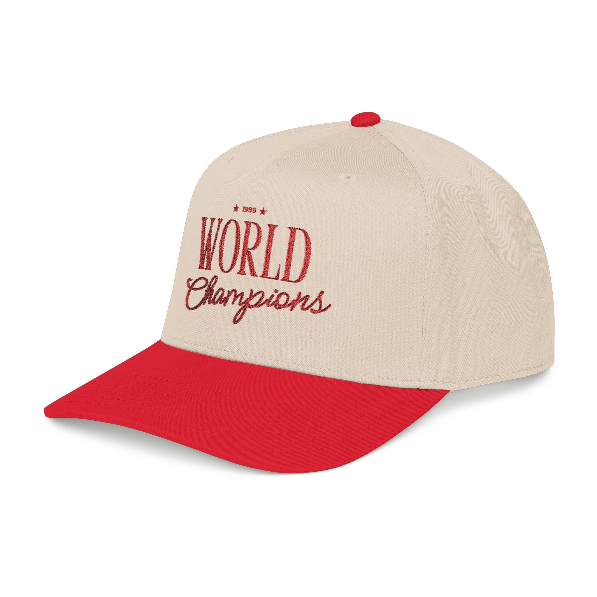 A beige and red baseball cap with '1999 World Champions' embroidered in red on the front, set against a plain white background.