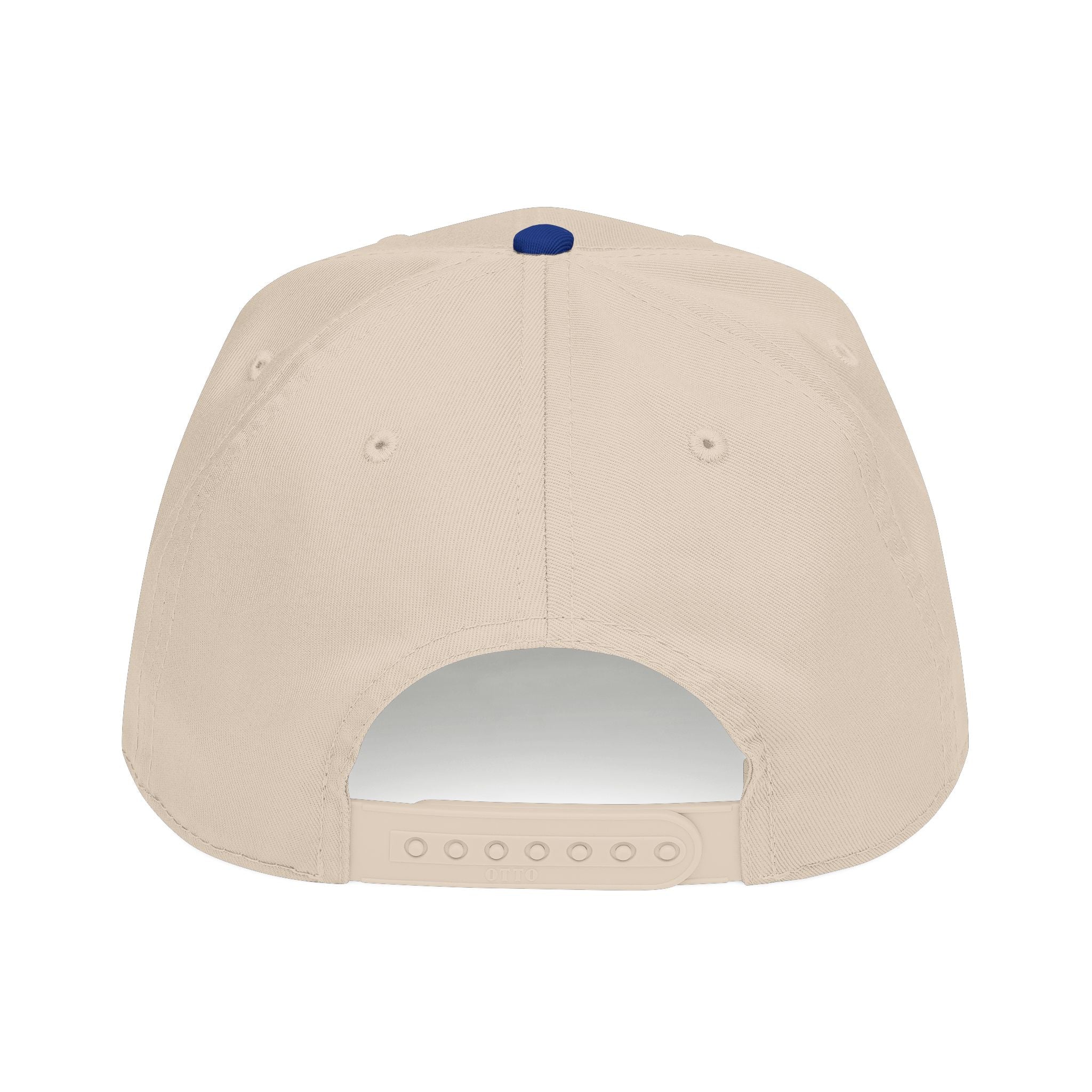 The back view of a beige snapback cap with a royal blue button on top, shown against a plain white background.