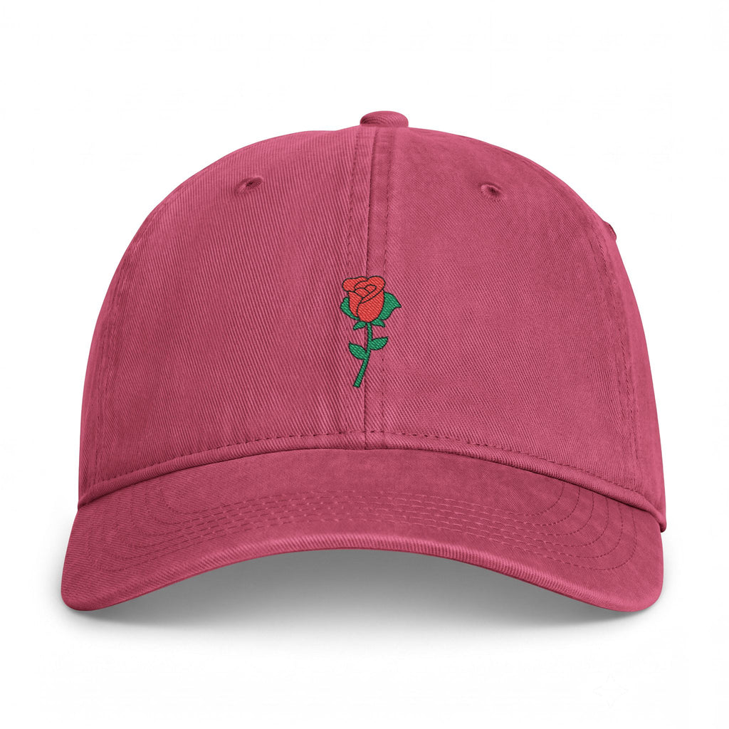 Crimson Nutmeg Duchess rose graphic dad hat featuring a vintage style embroidered red rose motif and classic fit