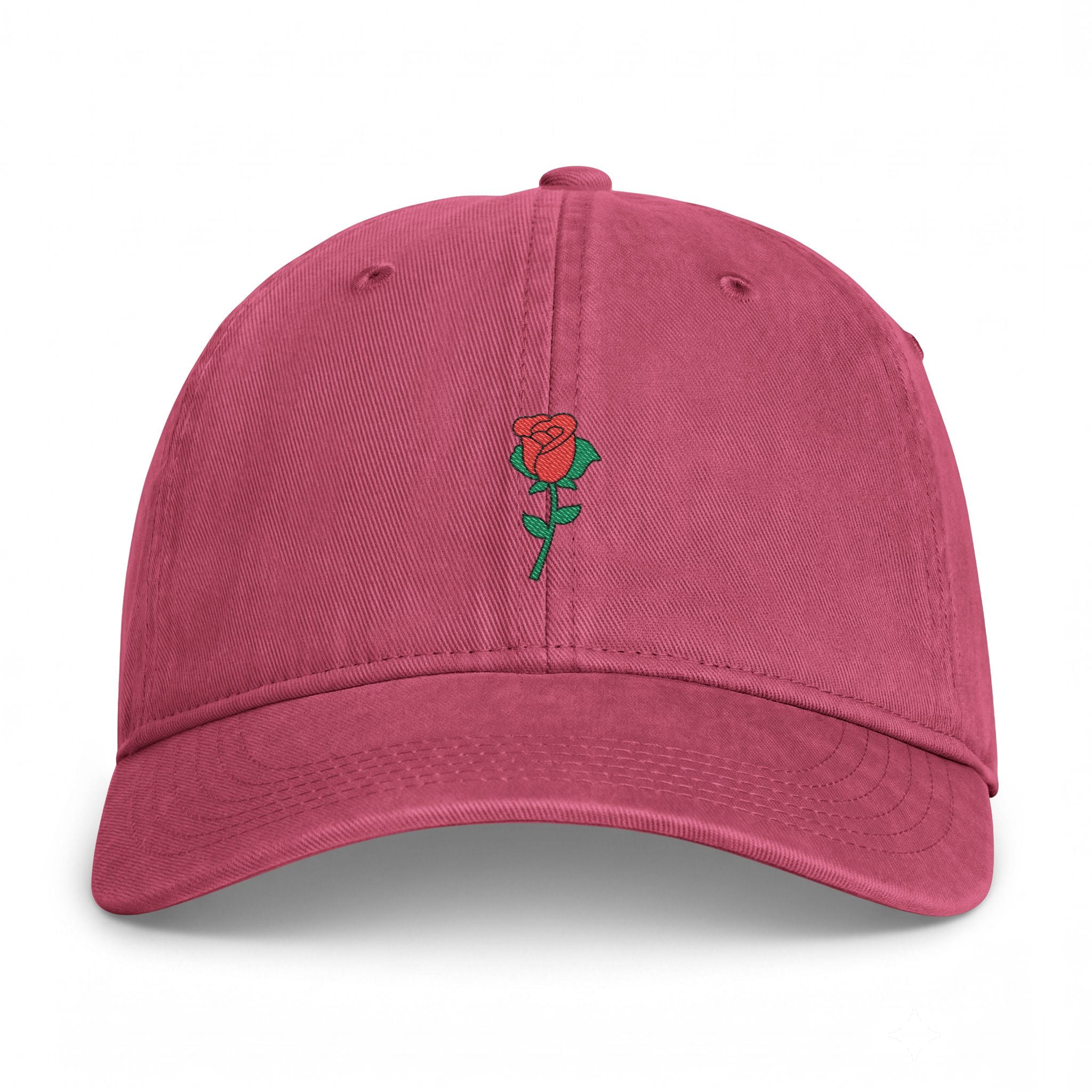 Crimson Nutmeg Duchess rose graphic dad hat featuring a vintage style embroidered red rose motif and classic fit