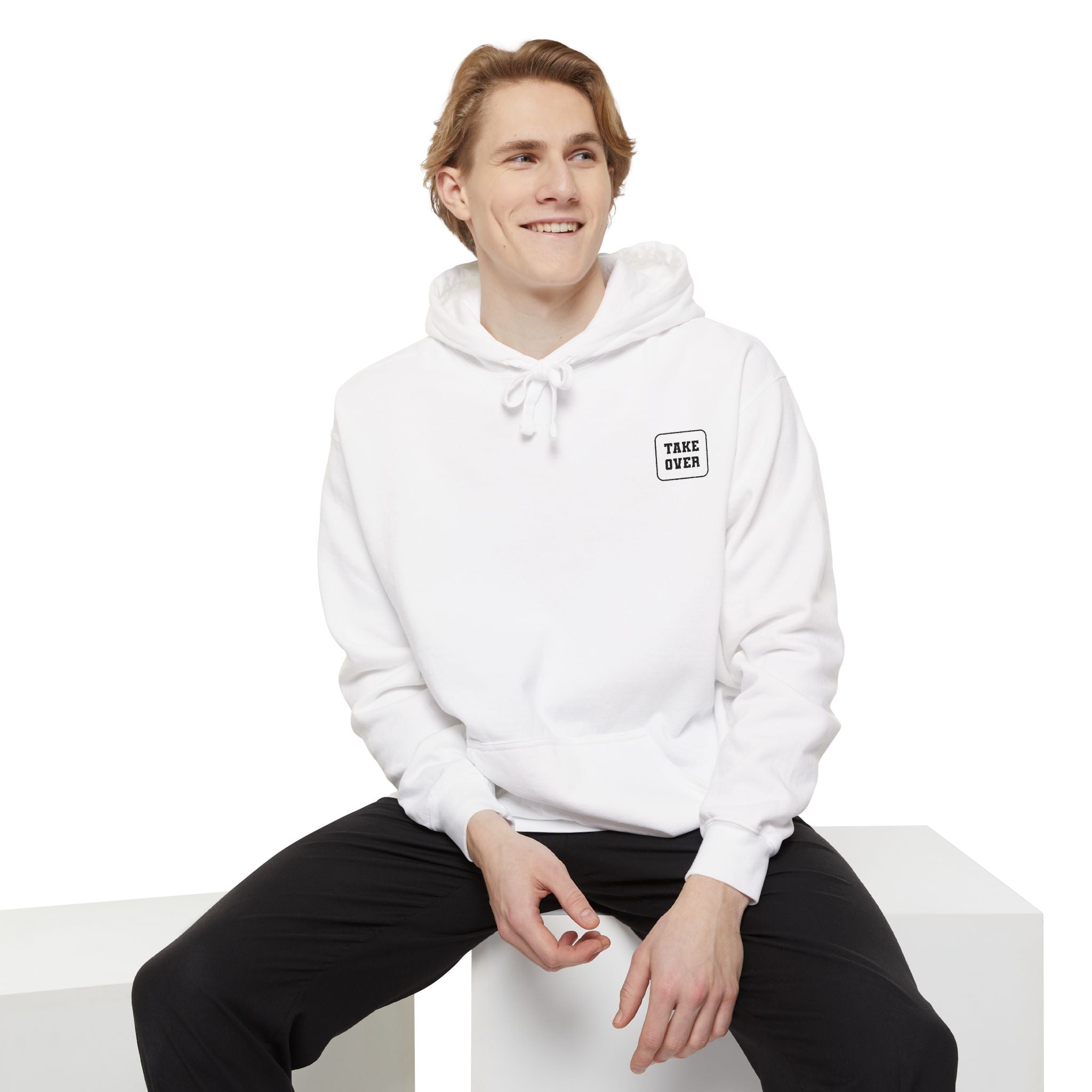 White hoodie with chest logo on the front and list of cities on the back
