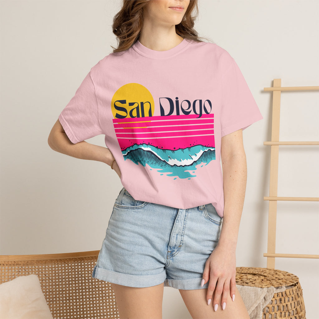 Blossom short-sleeve crewneck t-shirt featuring a retro-style sunset and ocean waves graphic with the text 'San Diego' across the chest