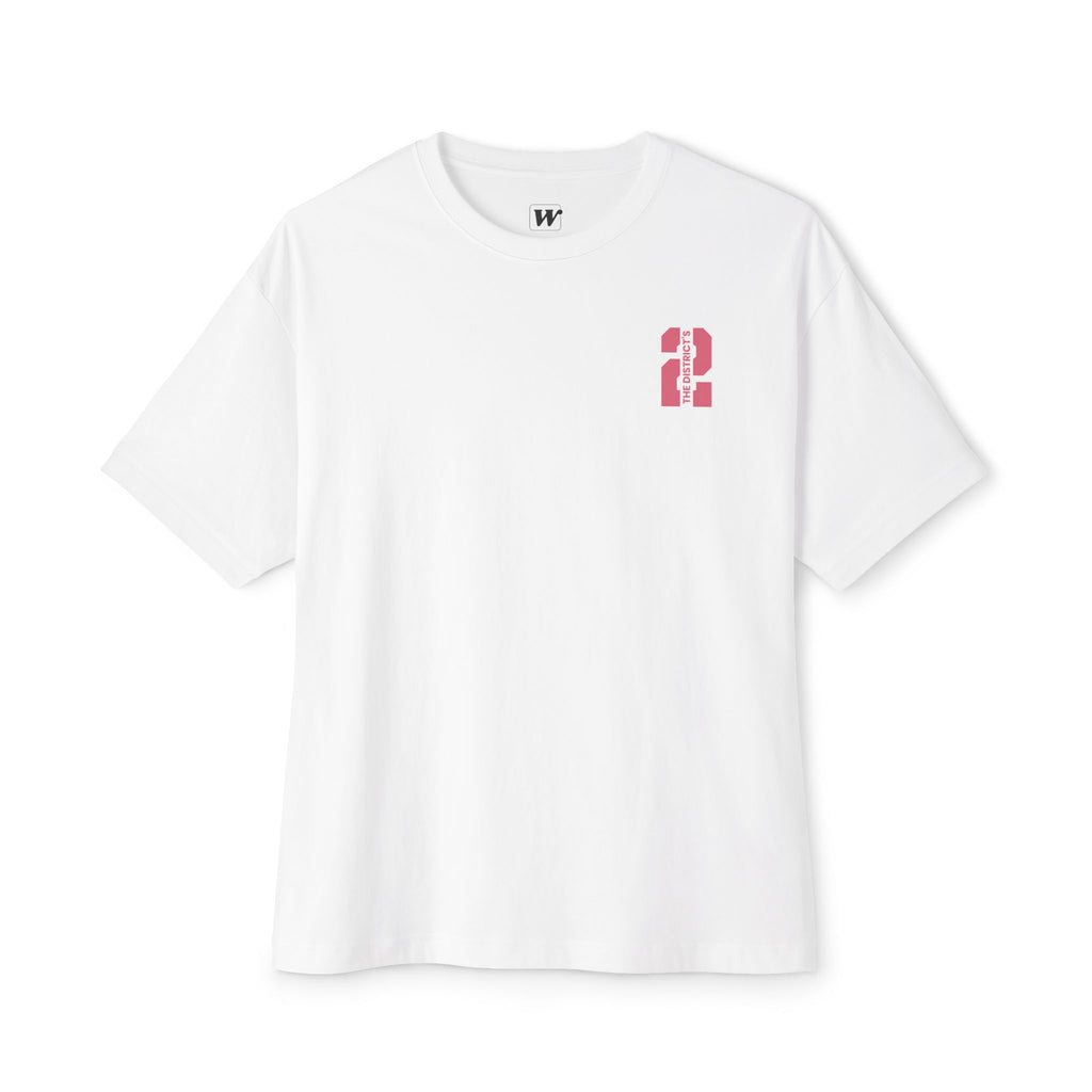 White heavyweight boxy t-shirt front view featuring a minimal "The District's 2" graphic printed on the left chest.