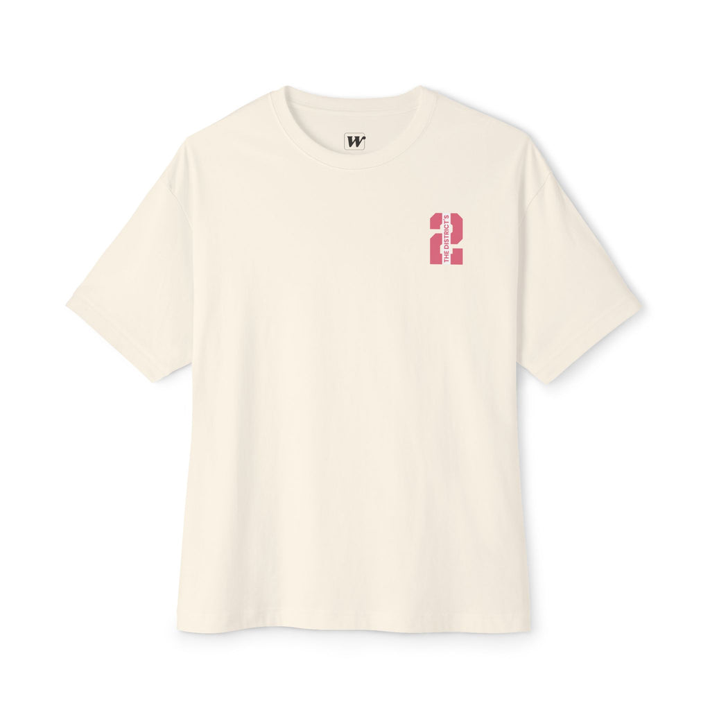 Natural heavyweight boxy t-shirt front view featuring a minimal "The District's 2" graphic printed on the left chest.