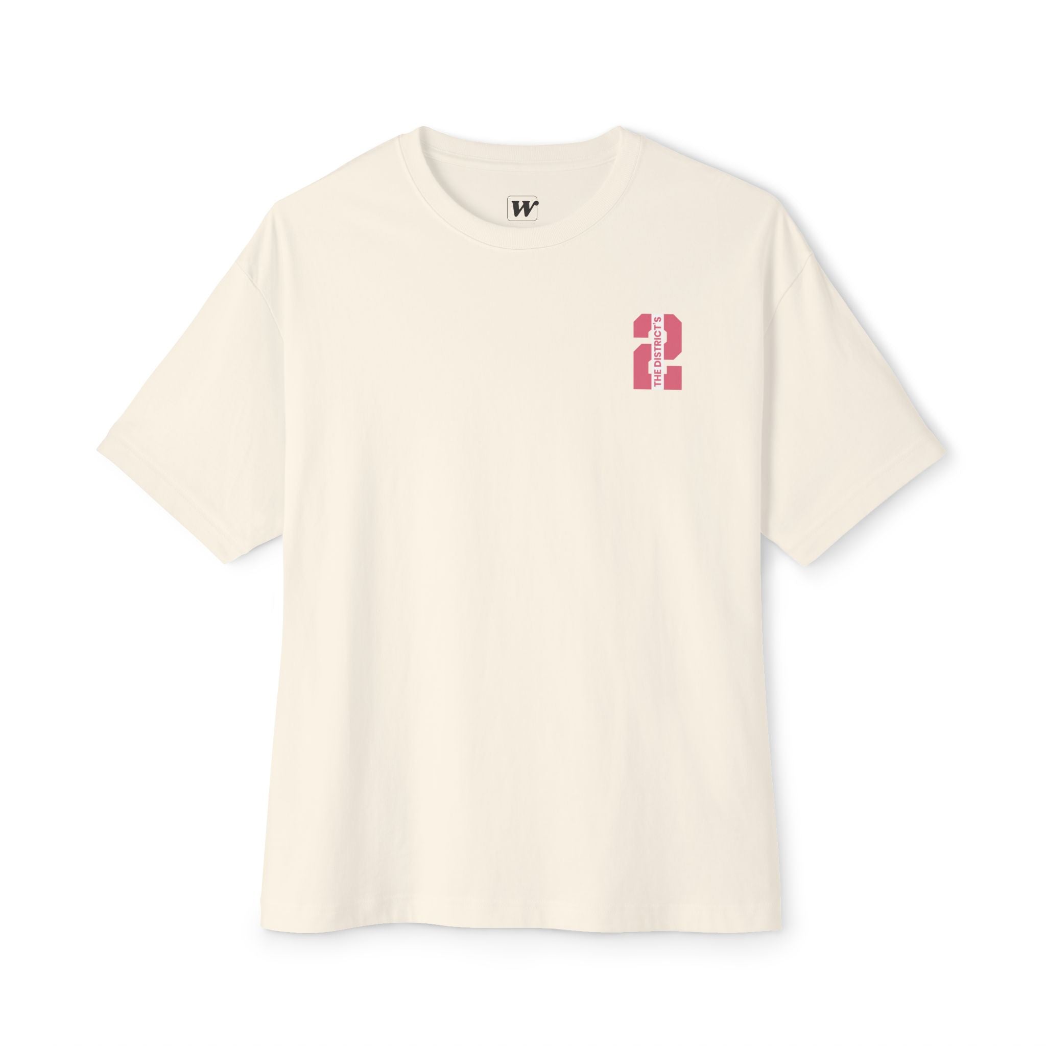 Natural heavyweight boxy t-shirt front view featuring a minimal "The District's 2" graphic printed on the left chest.