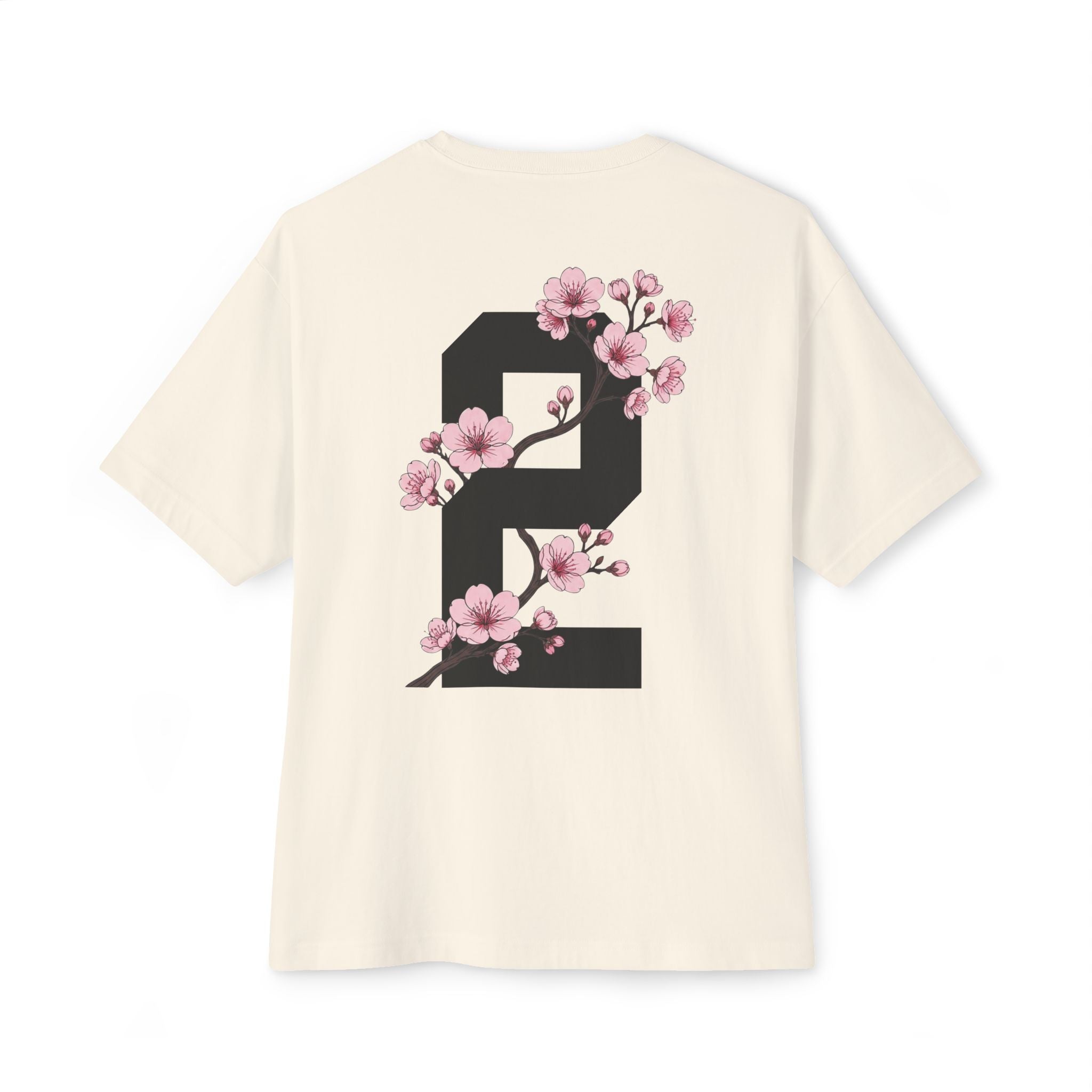 Natural heavyweight boxy t-shirt back view featuring a large number 2 graphic decorated with cherry blossom flowers.