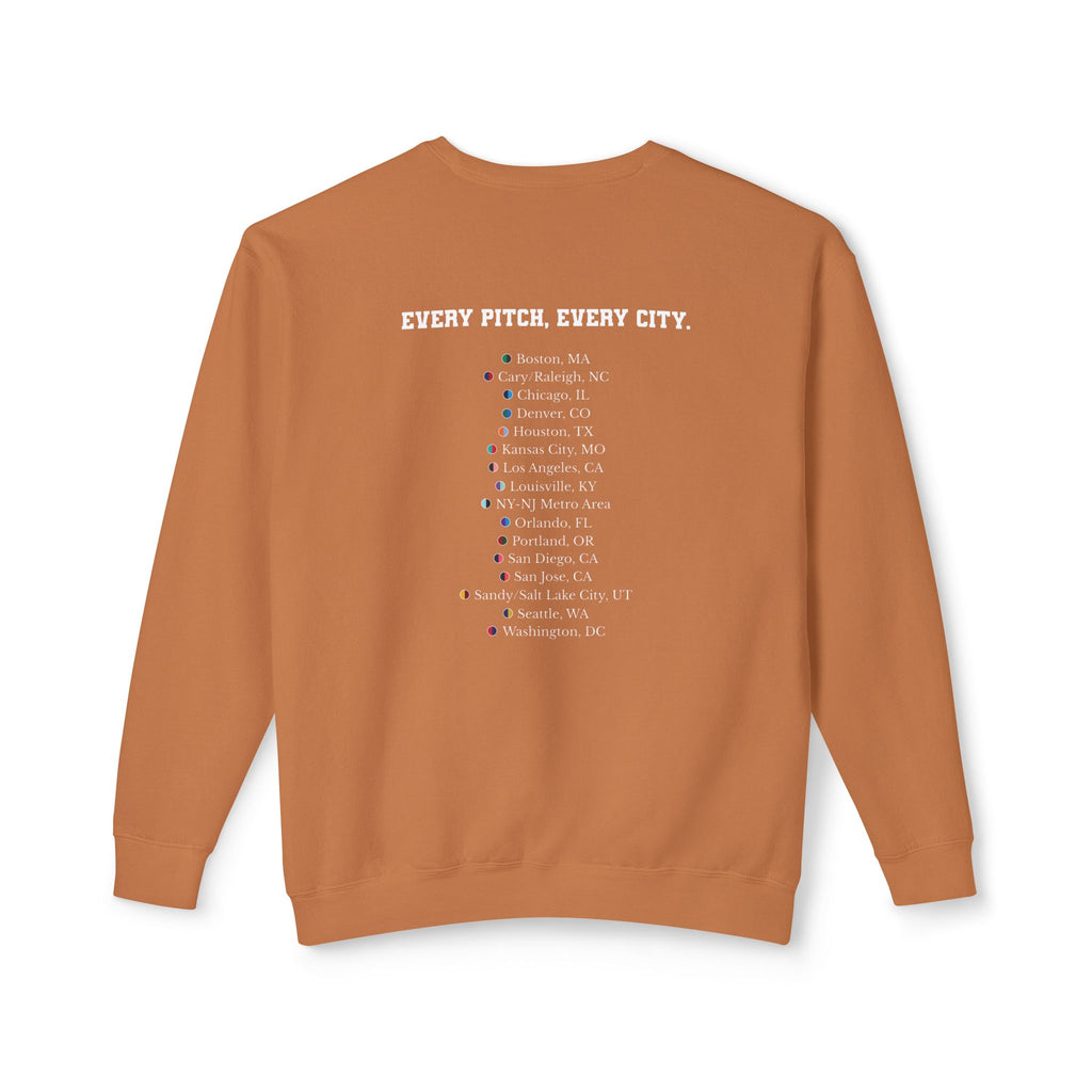 Yam sweatshirt with Take Over chest logo on the front and cities list on the back