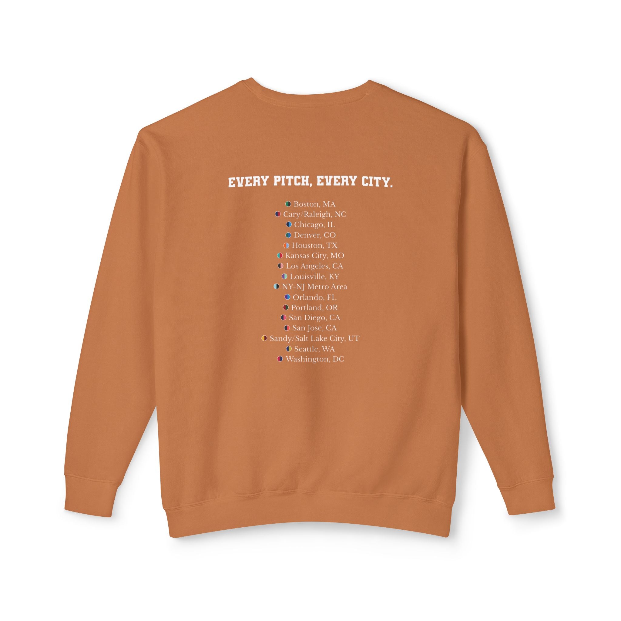 Yam sweatshirt with Take Over chest logo on the front and cities list on the back