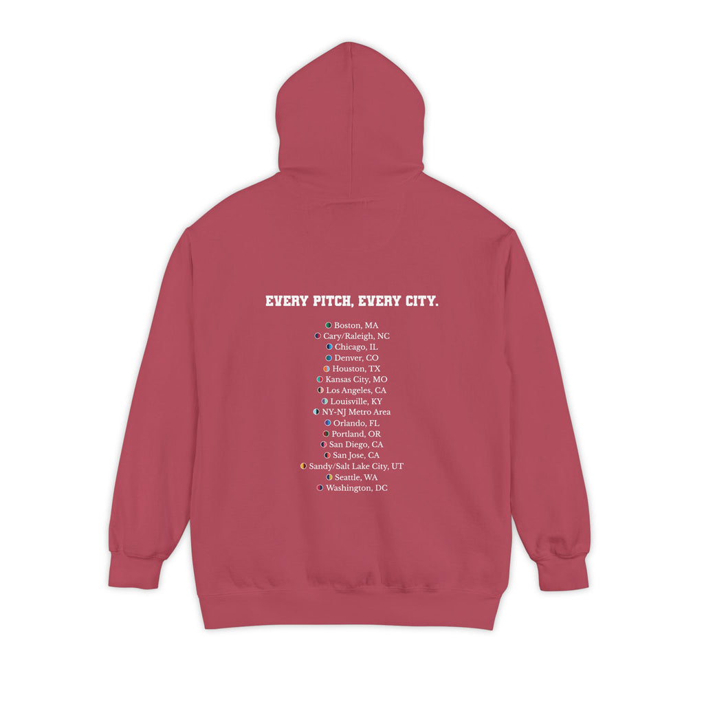 Crimson hoodie with chest logo on the front and list of cities on the back