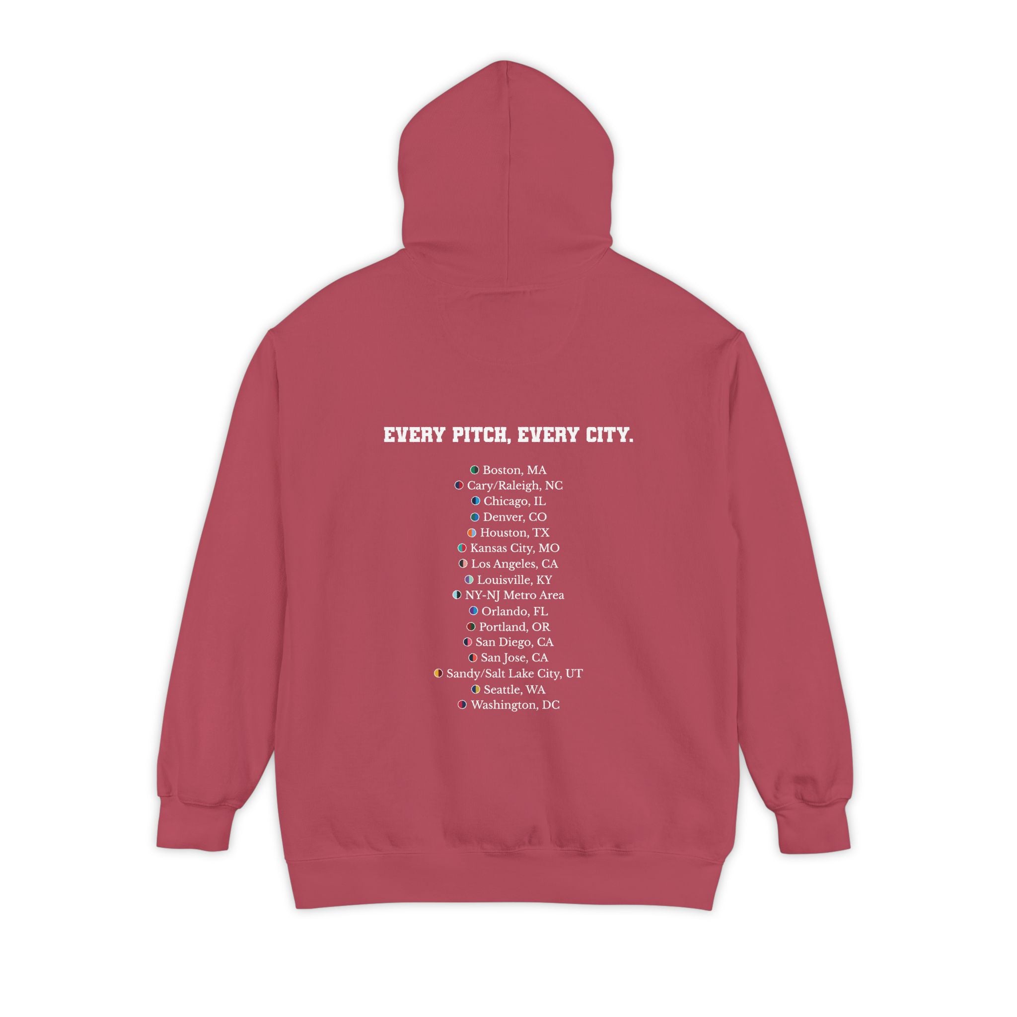 Crimson hoodie with chest logo on the front and list of cities on the back