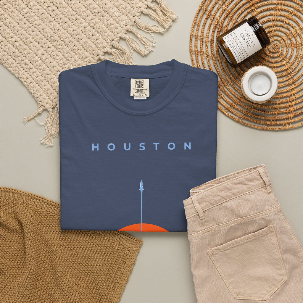 Midnight front detail of retro Houston soccer shirt featuring minimalist sunset graphic