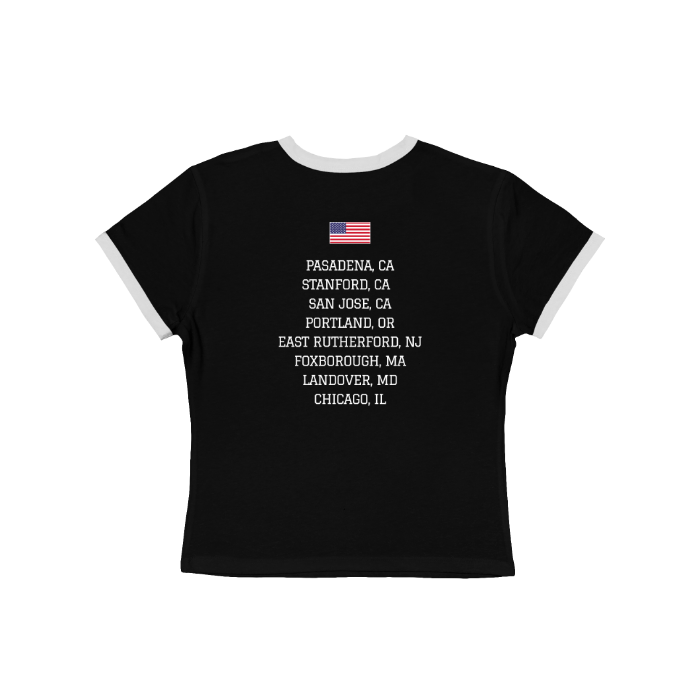 Caviar vintage style 1999 Champions of Summer women's ringer tee featuring a retro front graphic and a tournament host city list on the back