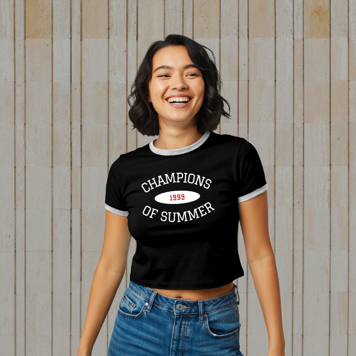 Caviar vintage style 1999 Champions of Summer women's ringer tee featuring a retro front graphic and a tournament host city list on the back