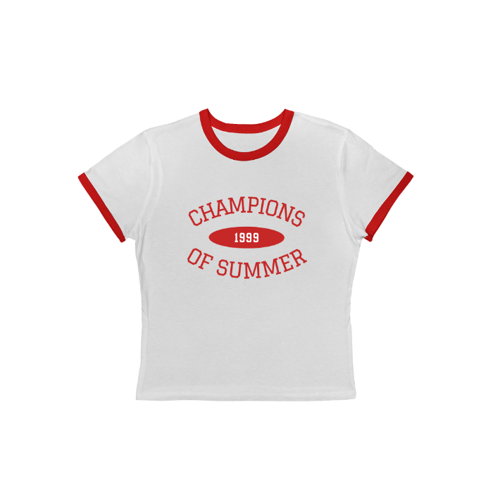 White / Red vintage style 1999 Champions of Summer women's ringer tee featuring a retro front graphic and a tournament host city list on the back