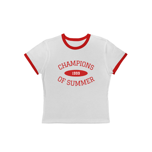 White / Red vintage style 1999 Champions of Summer women's ringer tee featuring a retro front graphic and a tournament host city list on the back