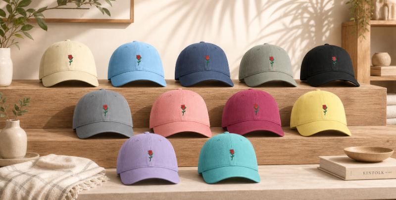 Nutmeg Duchess rose graphic dad hat featuring a vintage style embroidered red rose motif and classic fit in Peachy, Ivory, Hydrangea, Blue Jean, Sandstone, Black, Granite, Crimson, Butter, Orchid, Chalky Mint