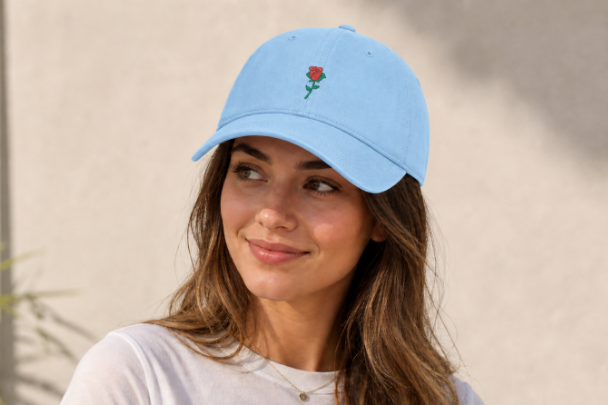 Hydrangea Nutmeg Duchess rose graphic dad hat featuring a vintage style embroidered red rose motif and classic fit