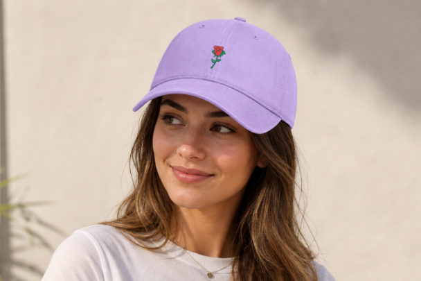 Orchid Nutmeg Duchess rose graphic dad hat featuring a vintage style embroidered red rose motif and classic fit