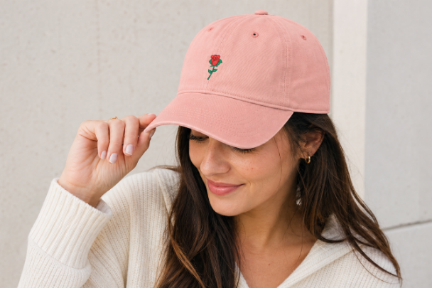 Peachy Nutmeg Duchess rose graphic dad hat featuring a vintage style embroidered red rose motif and classic fit