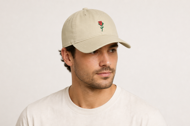 Ivory Nutmeg Duchess rose graphic dad hat featuring a vintage style embroidered red rose motif and classic fit