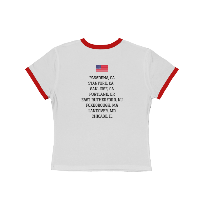 White / Red vintage style 1999 Champions of Summer women's ringer tee featuring a retro front graphic and a tournament host city list on the back